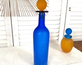Satin glass bottle engraved Franco Moretti italian Murano Vintage