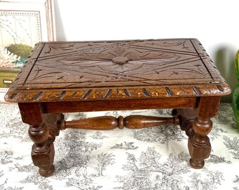 Vintage hardwood carved oak stool footstool French folk art