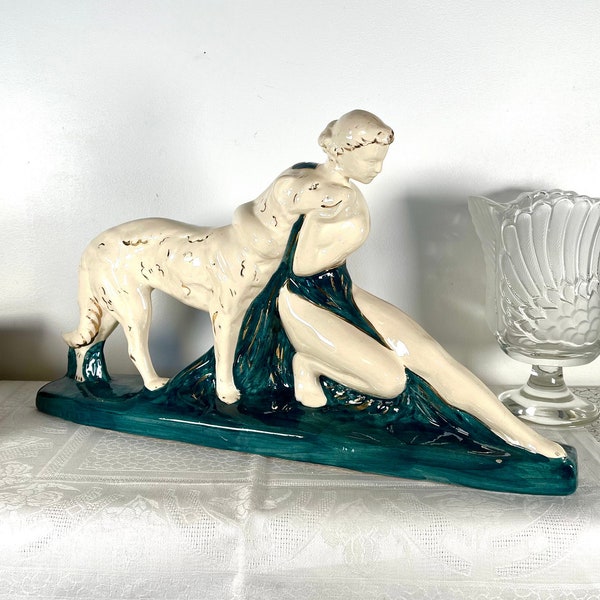 Art Deco sculpture Languid girl and dog  Greyhound painted ceramic