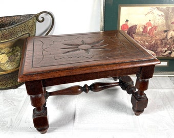 Vintage hardwood carved oak stool footstool French folk art
