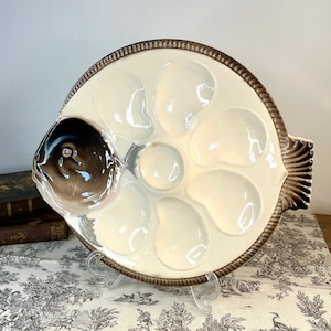 Beautiful vintage French oyster plate from Longwy, mahogany fish shape