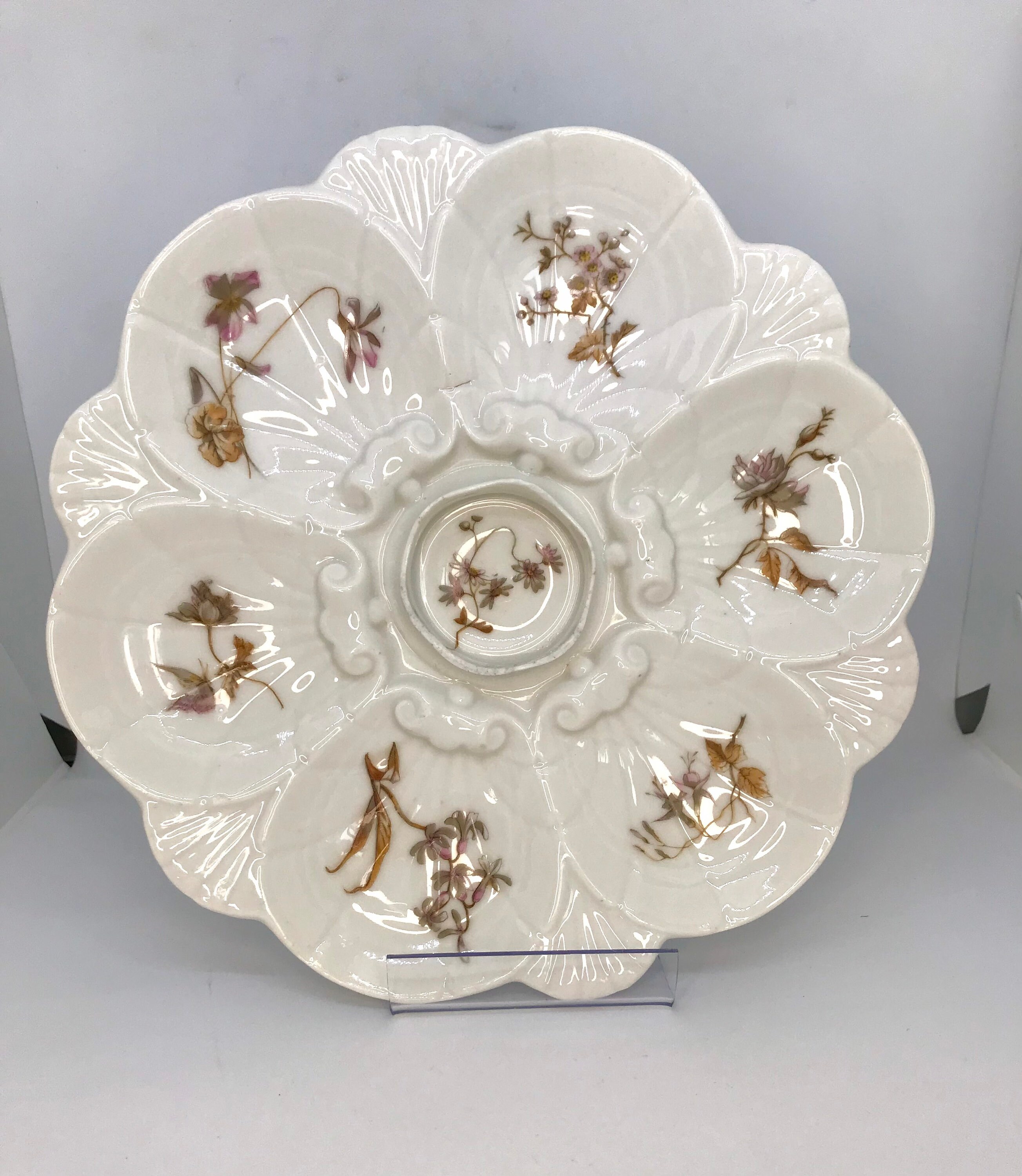 Beautiful Old Oyster Plate French Porcelain Majolica Flowers Circa 1890 No Limoges