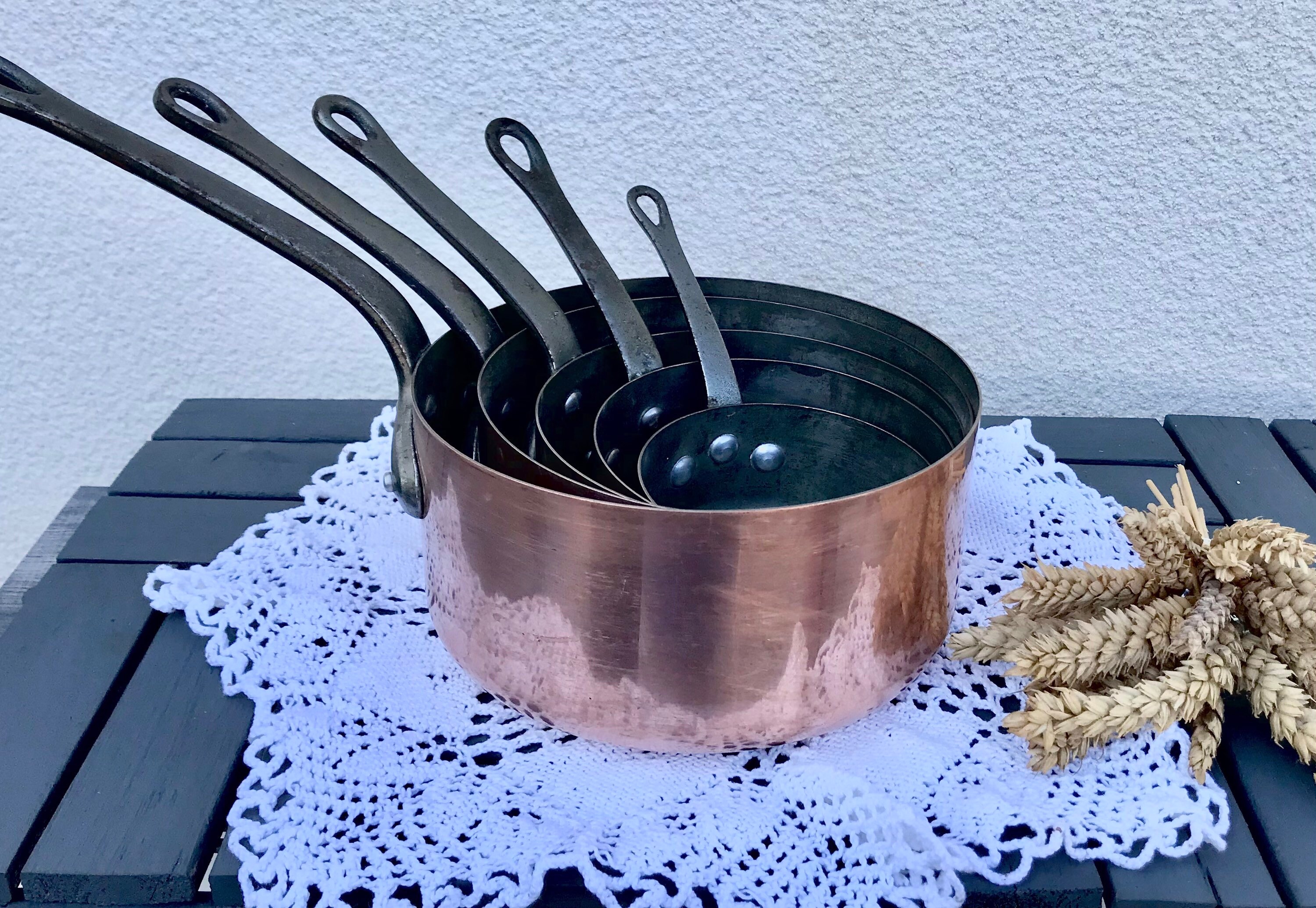 Antique French Set Of 5 Copper Sauce Pans Stamped Cuivre Faucogney