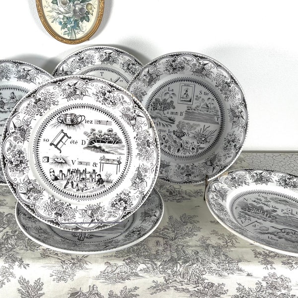 Very rare set of 6 French talking rebus plates 19th century Guyon de Boulen for Gien