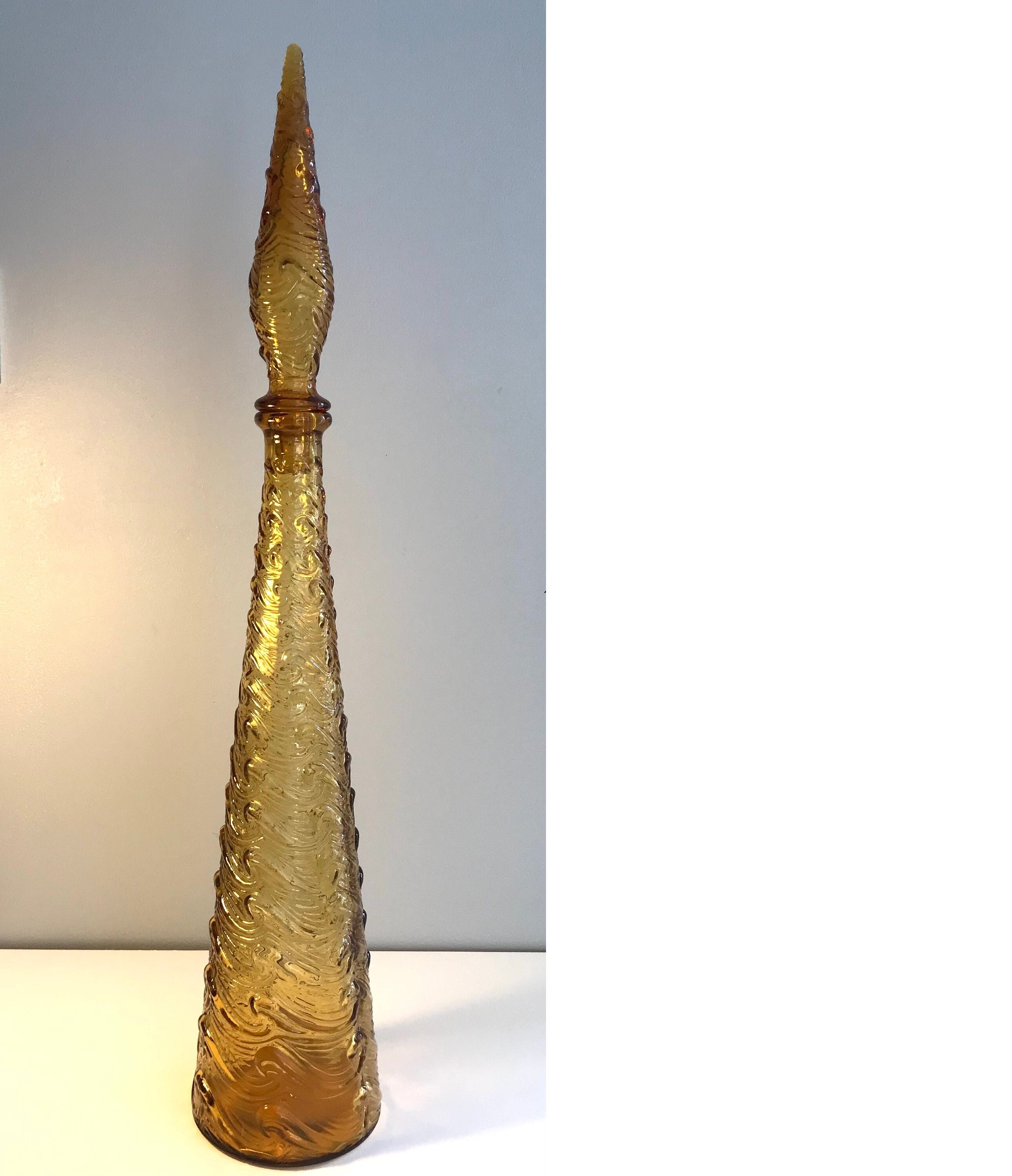 Empoli Amber Glass Genie Bottle Waves Shape Italian Decanter Vintage Mcm