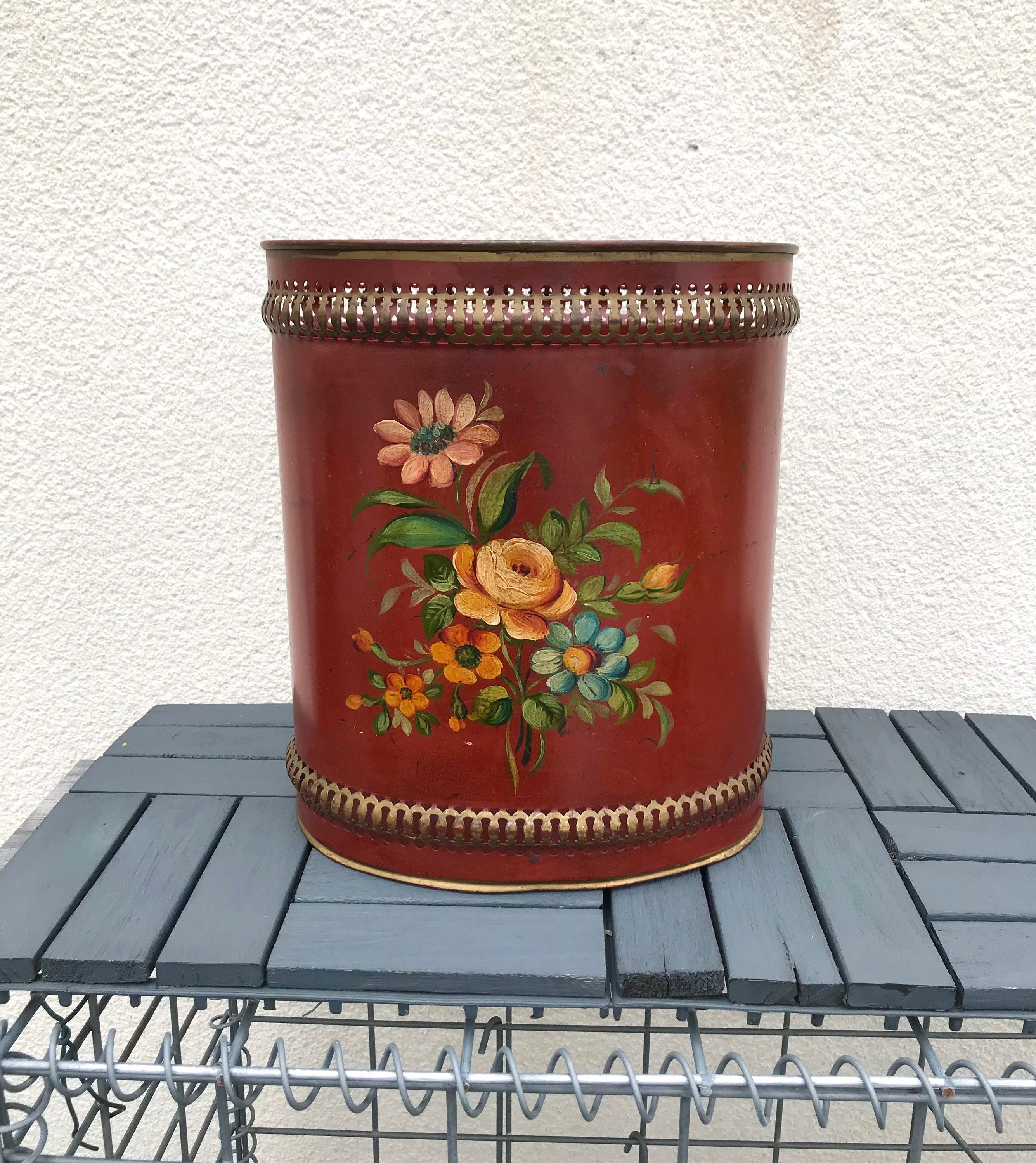 Antique French Napoleon Iii Waste Paper Basket With Floral Decoration in Painted Sheet Metal