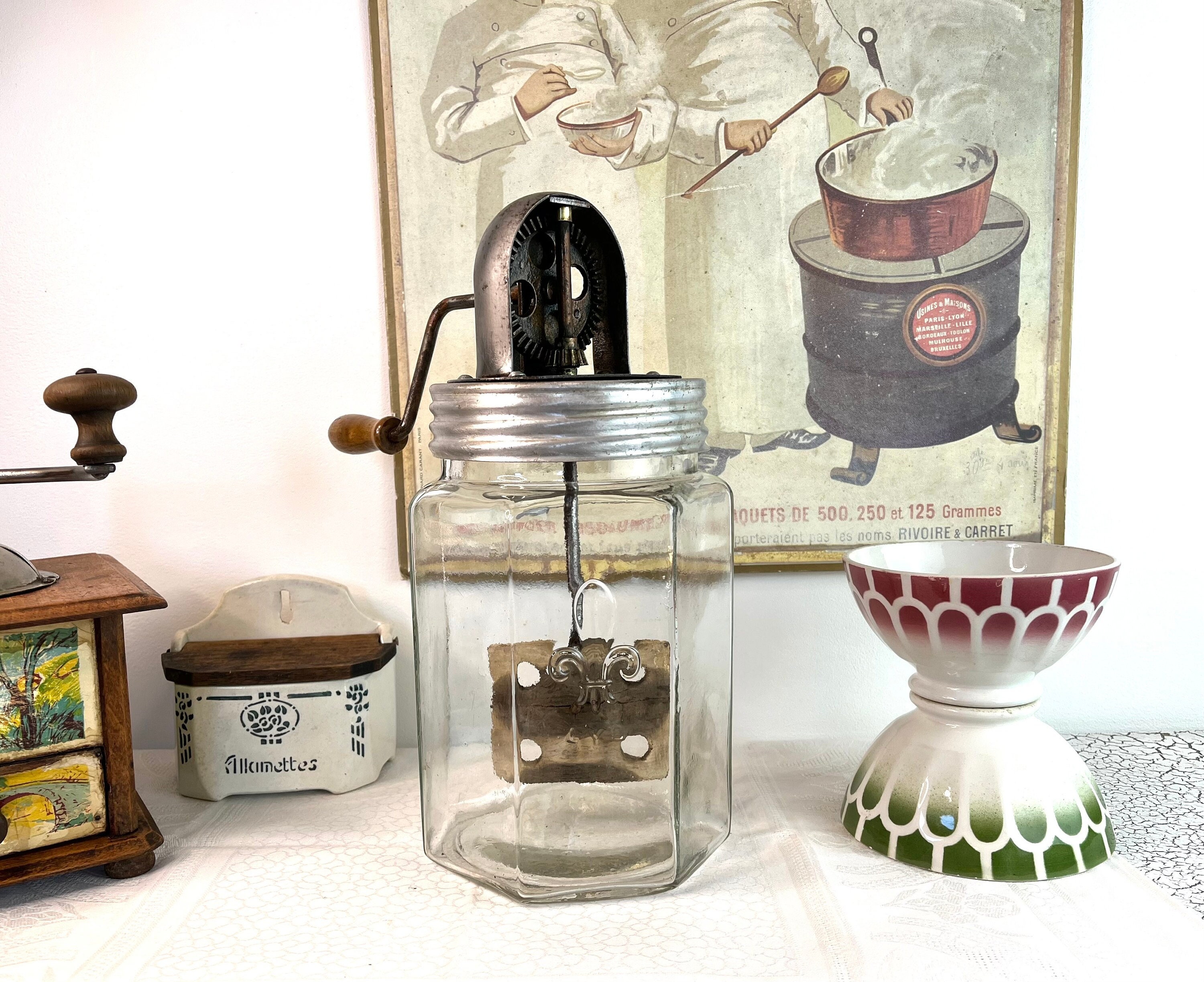 Antique Butter Churn, Antique Dairy Churn, Glass Jar, Industrial