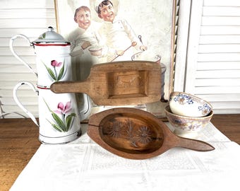 Set of two antique French butter wooden molds flower and cow