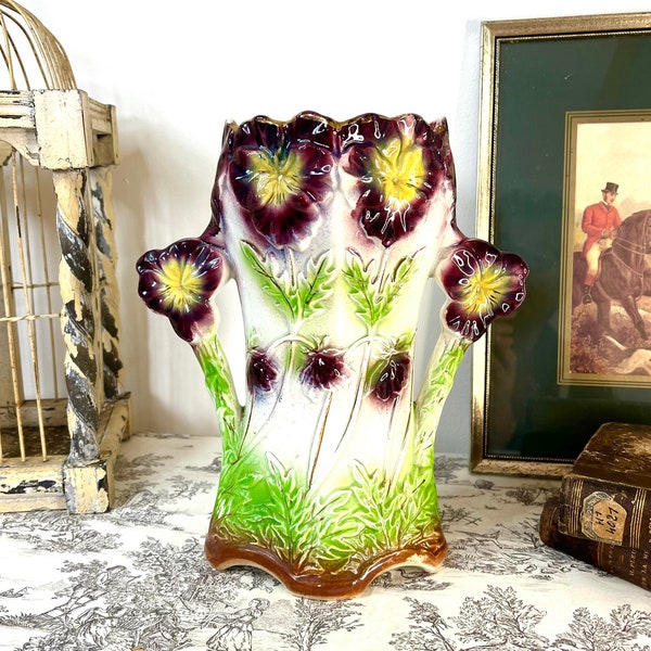 Beautiful antique Art Nouveau vase Majolica pansy flowers french Onnaing