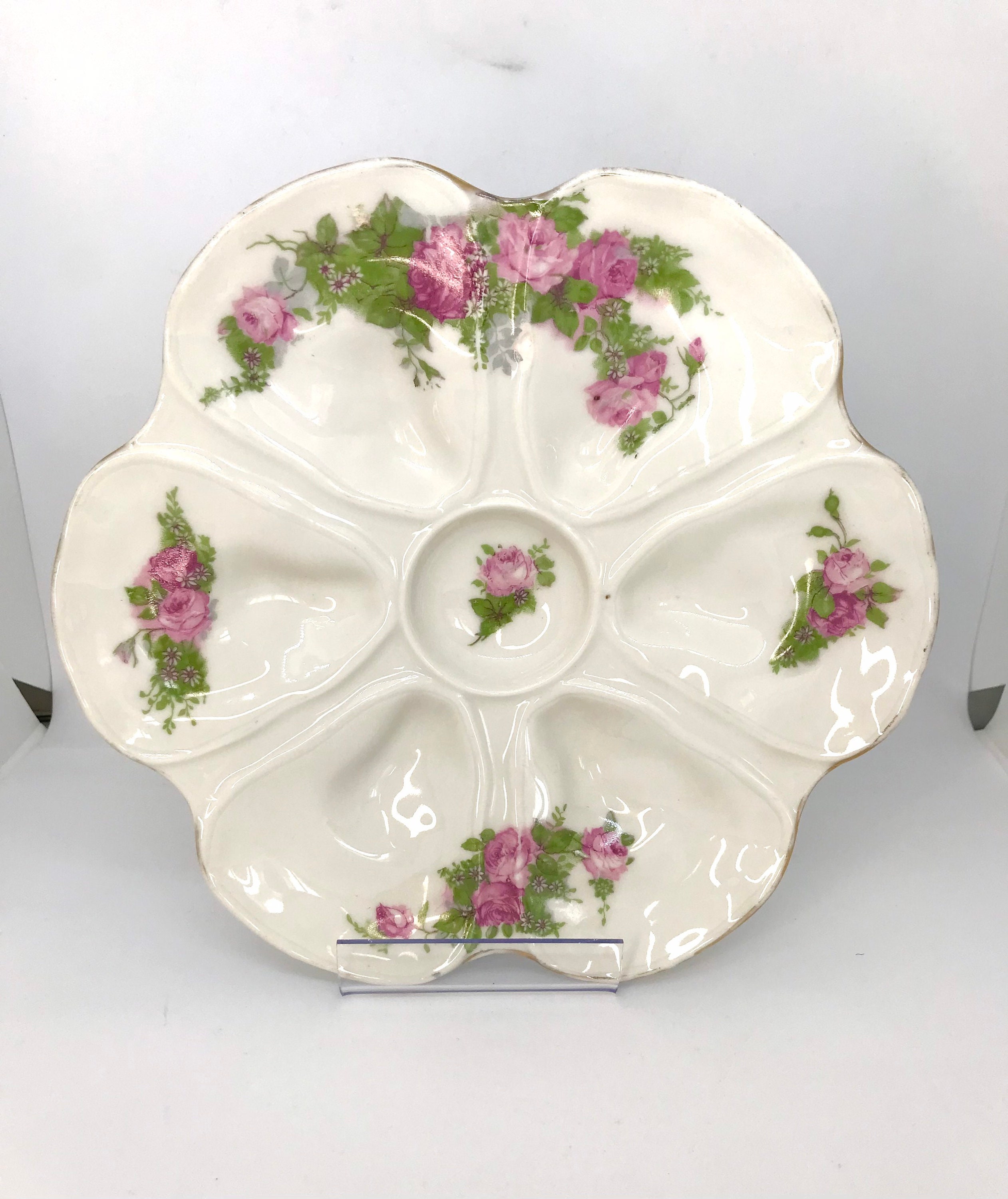 Beautiful Limoges Old Oyster Plate French Porcelain Majolica Flowers Roses No Haviland Mf