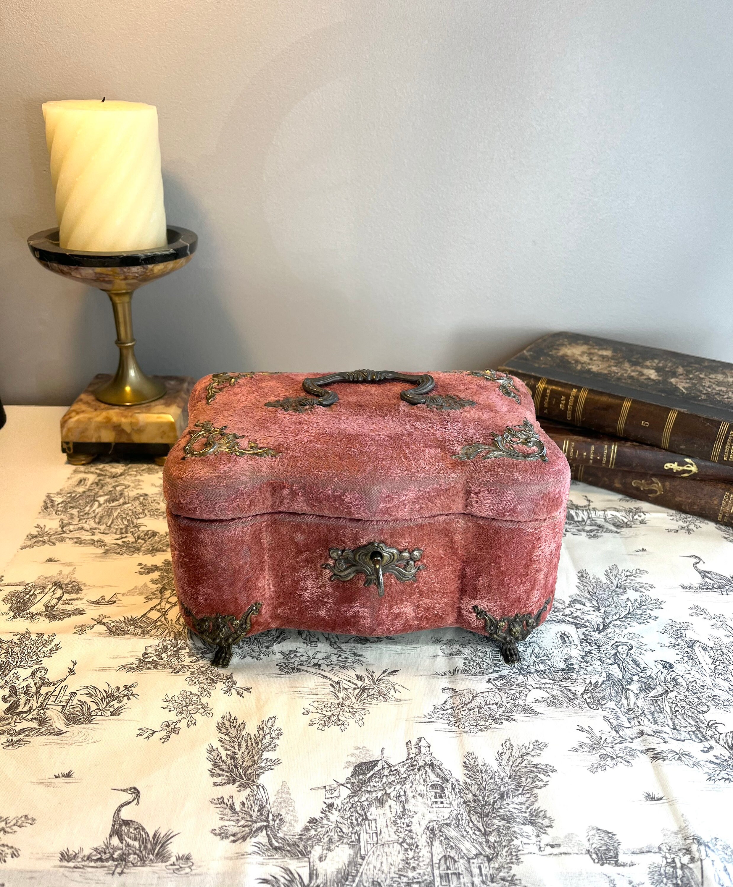 Antique French Jewelry Or Sewing Box in Pink Velvet Napoleon Iii/Victorian Period