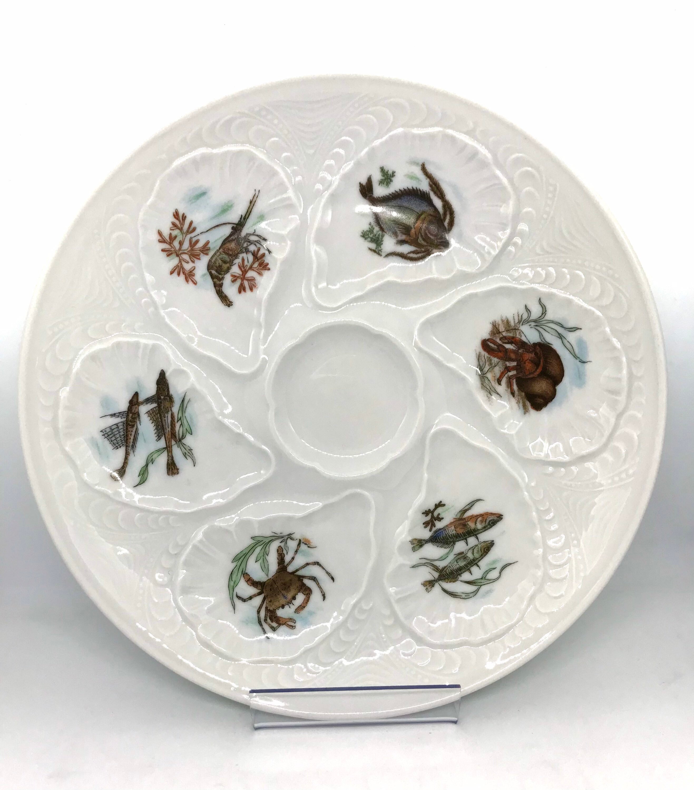 French Oyster Plate Crab Shell Schrimp Majolica Limoges Porcelain Sea Food