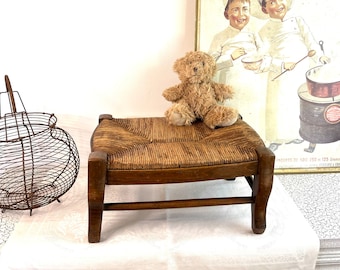 Vintage hardwood straw oak stool footstool french stool mini bench footrest