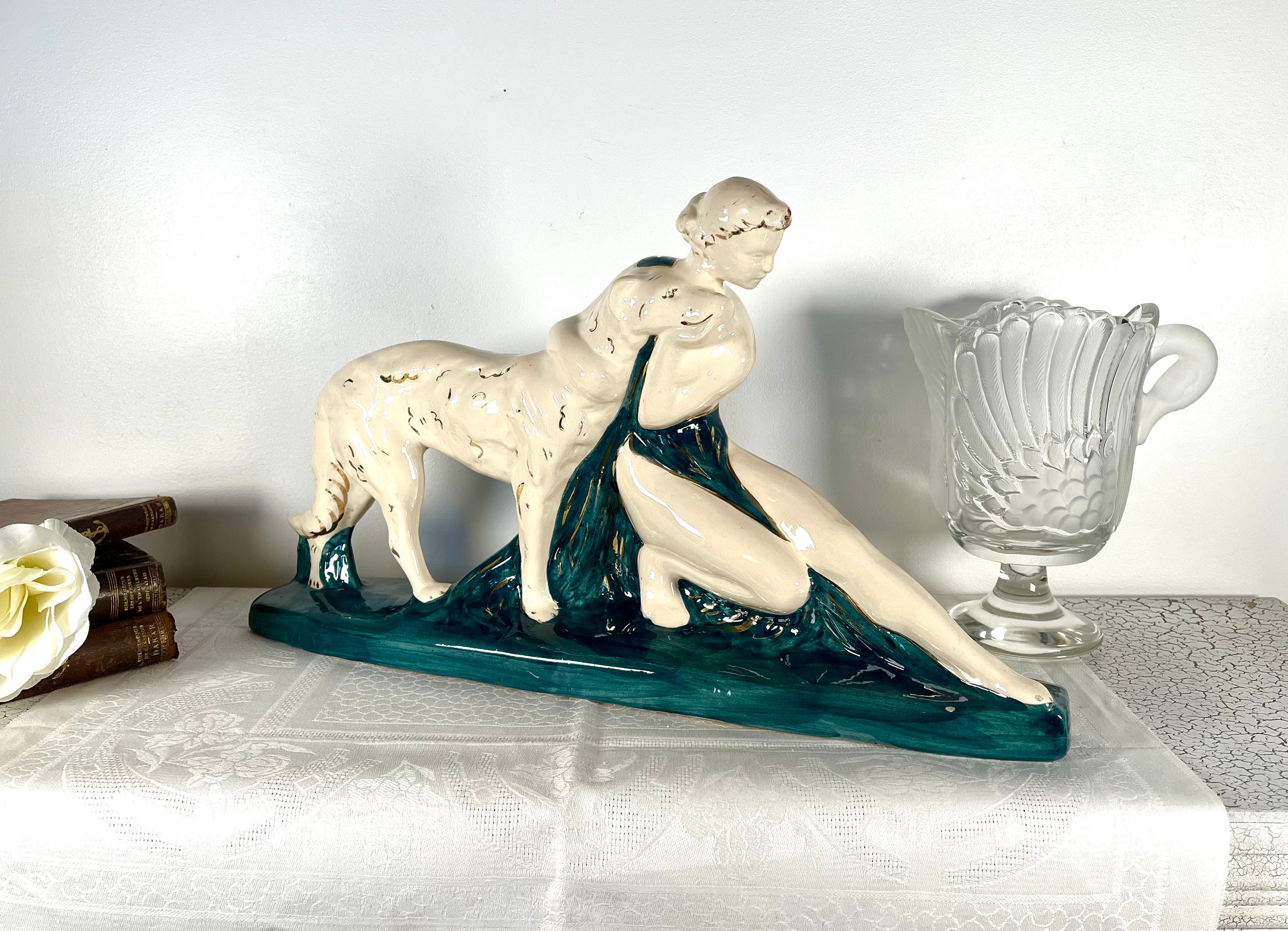 Art Deco sculpture Languid girl and dog Greyhound painted ceramic