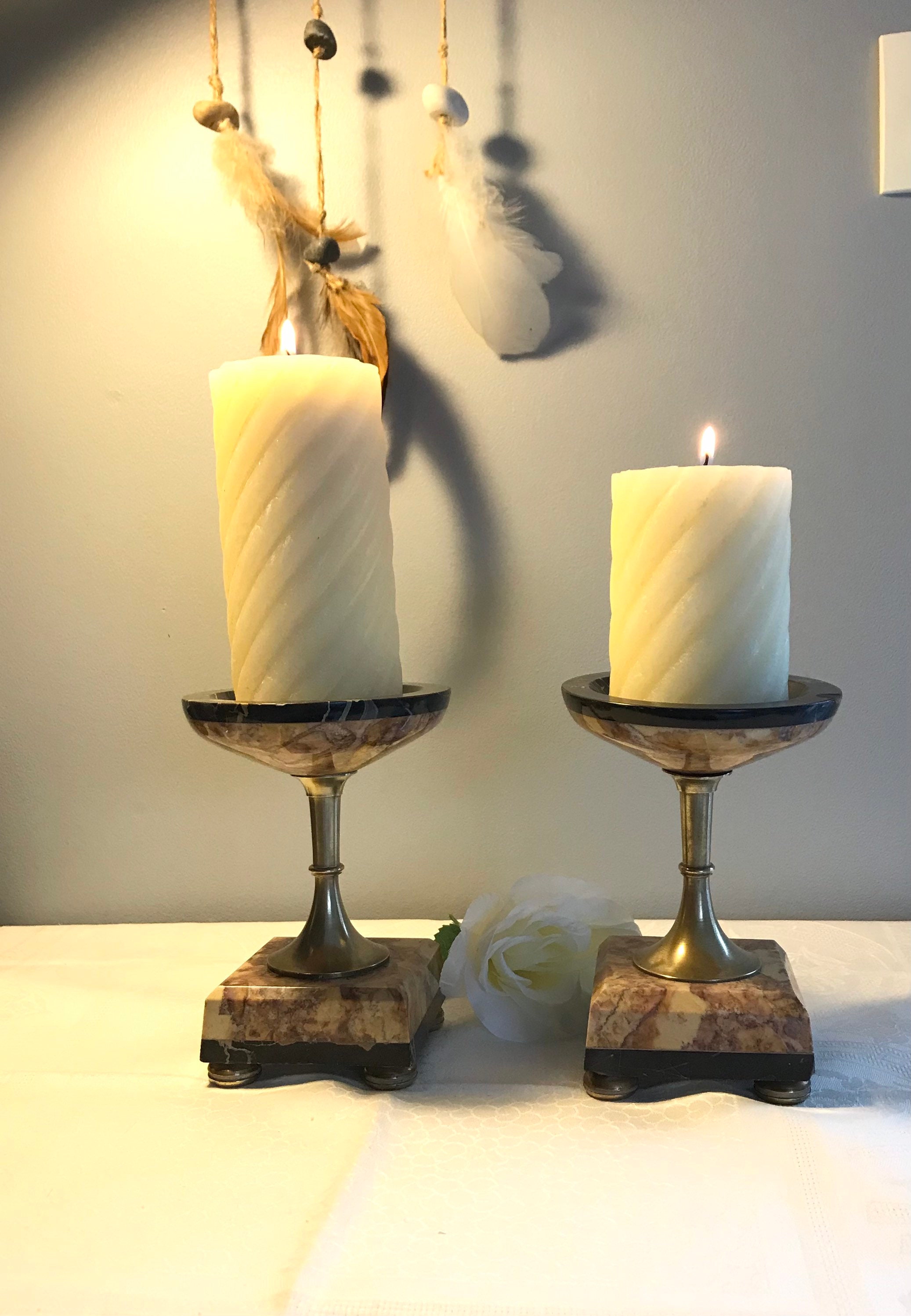 Paire de Bougeoirs Napoléon Iii Antiques Marbre et Laiton Garniture Cheminée