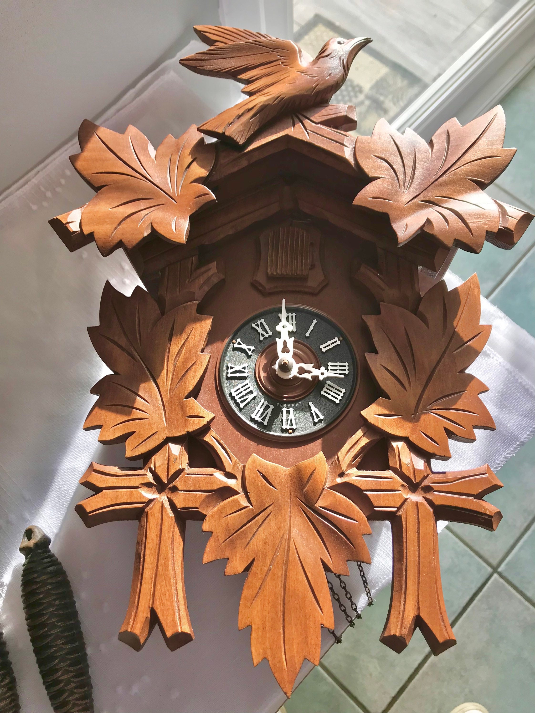 Authentic Cuckoo Clock Black Forest Style Wooden Carved Mechanical From West Germany