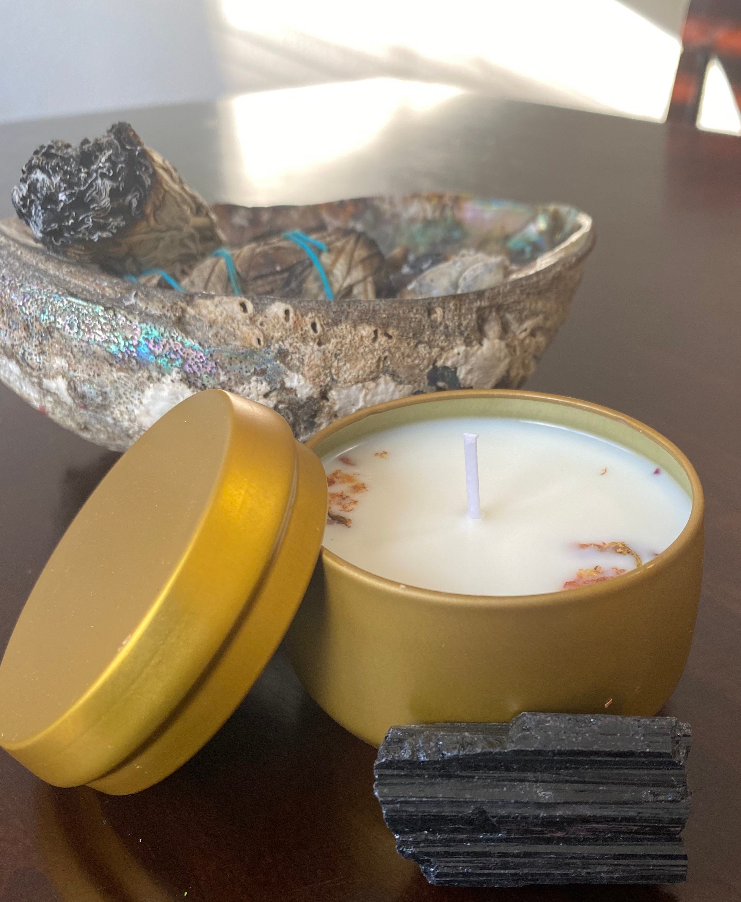 Frankincense & Myrrh Natural Candle w/ Tourmaline for Protection ~ Ess –