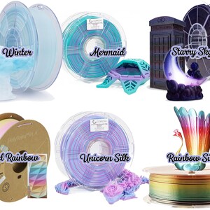 May include: Six spools of filament for 3D printing. The filaments are in various colours and patterns, including winter blue, mermaid green and blue, starry sky blue and black, pastel rainbow, unicorn silk purple and blue, and rainbow silk. Each spool is labelled with the filament name.