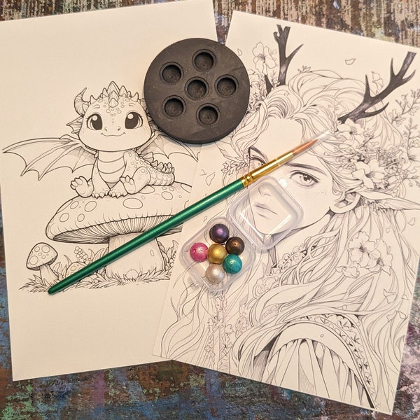 DragonsnDust - Custom Watercolor Kit- 8 x 5 Watercolor Pages  140lb 300GSM Cold Press //Circle Dot Holder//6 Dots//#6 Brush {MADE IN USA}