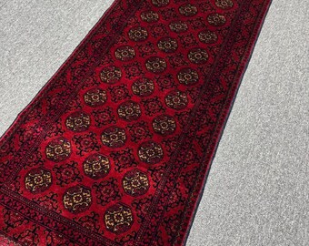Handmade Afghan Turkoman Wool Runner Rug: Vintage Hallway Roshnai Rug