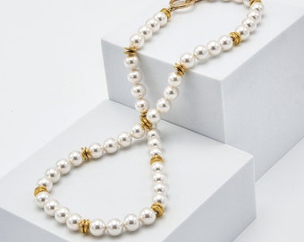 White Swarovski Crystal Pearl and Bright Gold Hematite