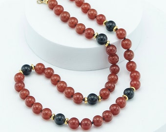 Collier Ancien En Onyx Noir, Cornaline Et Perles - Bijou Vintage Perlé - Occasion à Vérifier