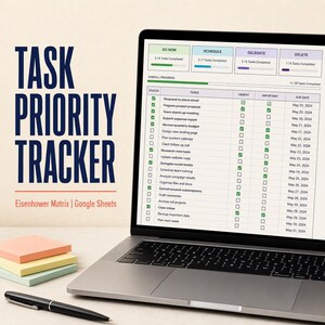 May include: A laptop displaying a Task Priority Tracker Google Sheets template with an Eisenhower Matrix. The screen shows task lists, progress bars, and due dates. A stack of peach, yellow, and light blue sticky notes and a black pen sit nearby.