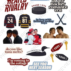 K&ouml;nnte beinhalten: Eine Sammlung von Aufklebern und Grafiken zum Thema Hockey. Enth&auml;lt Hockeytrikots, einen Puck, gekreuzte Hockeyschl&auml;ger und Texte wie "Heated Rivalry", "in my hockey romance era" und "in love with fictional hockey boys".