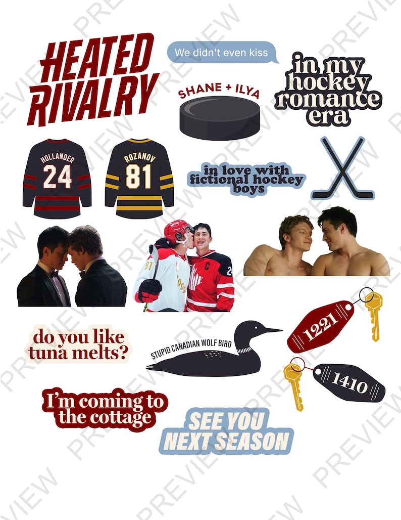 K&ouml;nnte beinhalten: Eine Sammlung von Aufklebern und Grafiken zum Thema Hockey. Enth&auml;lt Hockeytrikots, einen Puck, gekreuzte Hockeyschl&auml;ger und Texte wie "Heated Rivalry", "in my hockey romance era" und "in love with fictional hockey boys".