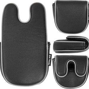 May include: A black golf putter headcover with a textured surface and grey piping. The cover features a U-shaped cutout and a small black tag with the white text Big Teeth. The set includes multiple views showing the cover open and closed.
