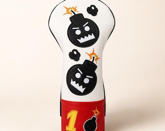 Cartoon Bomb Golf Headcover, White Red Driver Fairway Hybrid Cover, Funny Golf Club Cover, Unique Golf Gift for Golfer