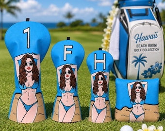 Hawaii Beach Bikini Golf Headcover, Blue Driver Fairway Hybrid Square Mallet Putter Cover, Unique Golf Gift for Golfer
