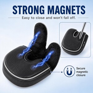 May include: A black textured putter headcover with a soft black faux fur interior and a secure magnetic closure. The cover features a grey trim and the text "Big Teeth" on the side. The image includes text stating "STRONG MAGNETS" and "Easy to close and won't fall off."