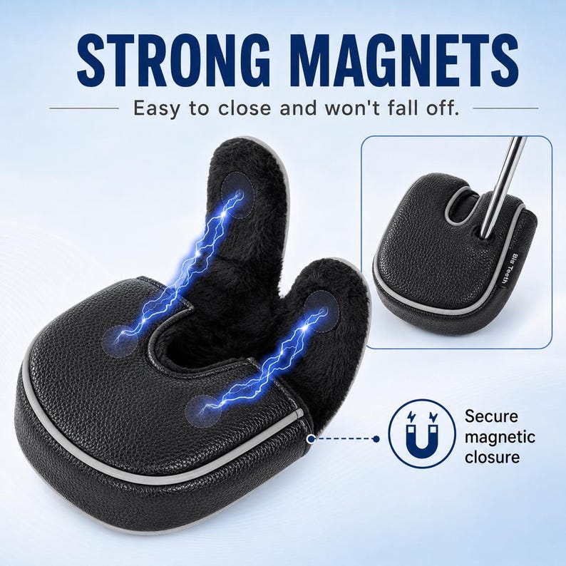 May include: A black textured putter headcover with a soft black faux fur interior and a secure magnetic closure. The cover features a grey trim and the text "Big Teeth" on the side. The image includes text stating "STRONG MAGNETS" and "Easy to close and won't fall off."