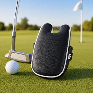 May include: A black textured putter headcover with white piping and a small black tag featuring a white geometric logo. Beside it sits a white dimpled golf ball and a silver metal putter on a green grass surface with a white flag in the distance.