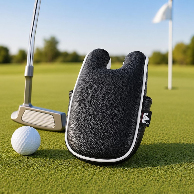 May include: A black textured putter headcover with white piping and a small black tag featuring a white geometric logo. Beside it sits a white dimpled golf ball and a silver metal putter on a green grass surface with a white flag in the distance.