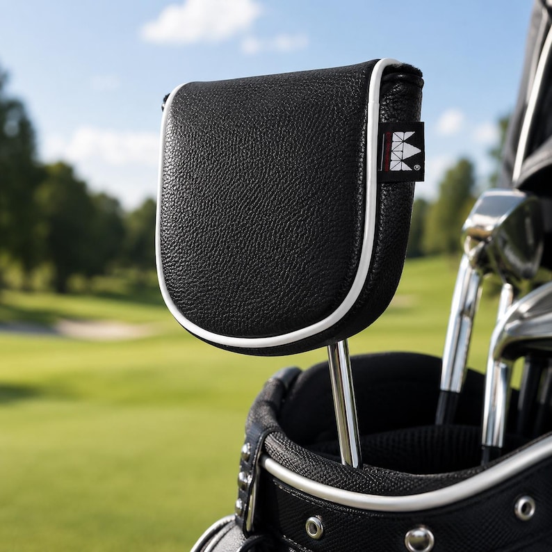 May include: A black textured golf putter headcover with white piping trim and a small black rectangular tag featuring a white crown logo. The headcover is attached to a metal putter shaft resting inside a black golf bag with silver metal grommets.