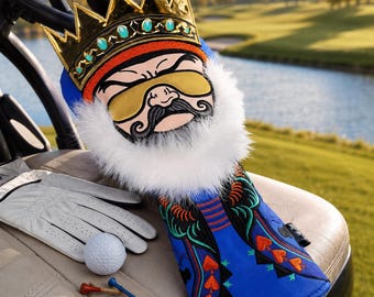 King Golf Headcover, Blue Royal Embroidered Club Cover, Stylish Golf Club Protector, Unique Luxury Golf Gift