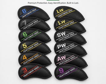 Golf Iron Headcovers Set 12 Pcs, Black PU Leather Iron Covers 3-9 Pw Aw Sw 2 Lw, Color Number Golf Club Covers, Golf Gift for Men