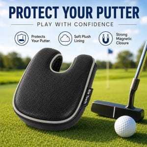 May include: A black textured putter cover with a U-shaped design, light gray piping, and a Big Teeth brand tag. The cover features text stating PROTECT YOUR PUTTER, PLAY WITH CONFIDENCE, and icons indicating protection, soft plush lining, and magnetic closure.