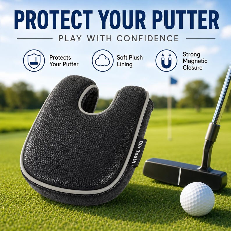 May include: A black textured putter cover with a U-shaped design, light gray piping, and a Big Teeth brand tag. The cover features text stating PROTECT YOUR PUTTER, PLAY WITH CONFIDENCE, and icons indicating protection, soft plush lining, and magnetic closure.
