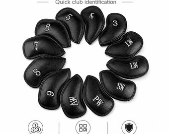 Black Golf Iron Headcovers Set, 12 Piece Iron Covers 3-9 P A S L L, PU Leather Golf Club Head Covers, Soft Lining, Velcro Closure, Golf Gift