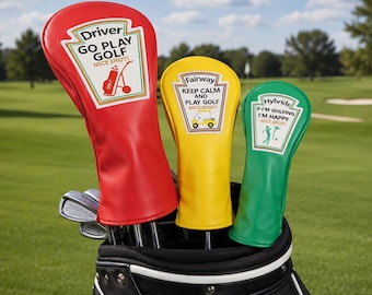 Go Play Golf Headcover Set, Red Driver Yellow Fairway Green Hybrid Cover, Funny Golf Club Cover, Unique Golf Gift, Colorful Golf Accessories