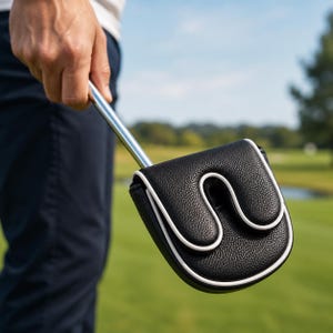 May include: A black textured golf putter headcover with a white piped U-shaped design attached to a silver metal putter shaft. The cover features a pebbled leather-like finish and a distinct curved white border accentuating the U-shape.