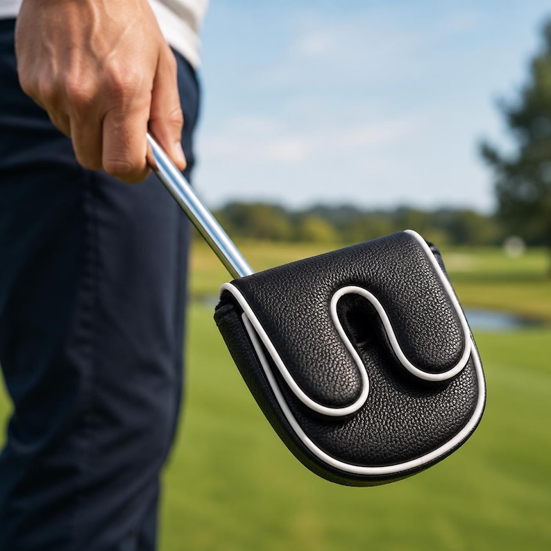 May include: A black textured golf putter headcover with a white piped U-shaped design attached to a silver metal putter shaft. The cover features a pebbled leather-like finish and a distinct curved white border accentuating the U-shape.