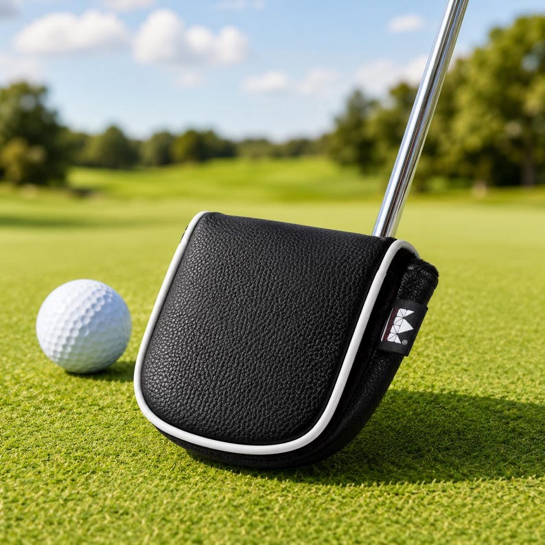 May include: A black textured putter headcover with white piping trim and a small black fabric tag featuring a white geometric logo. The headcover is attached to a silver metal putter shaft, positioned next to a white dimpled golf ball.