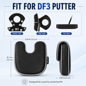 May include: A black putter headcover with a textured surface and grey piping, labeled Big Teeth. It measures 5.9 inches by 5.1 inches by 1.57 inches. The graphic shows front, side, and top views of a DF3 putter, indicating a precise, protective fit.