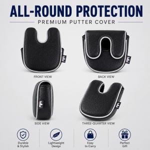 May include: A black putter cover with a textured surface and light gray piping, shown from front, back, side, and three-quarter angles. The text reads ALL-ROUND PROTECTION PREMIUM PUTTER COVER, FRONT VIEW, BACK VIEW, SIDE VIEW, and THREE-QUARTER VIEW.