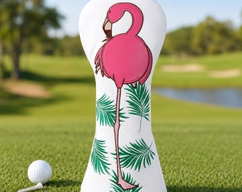 Flamingo Golf Headcover, White Pink Driver Fairway Hybrid Putter Cover, Tropical Golf Club Cover, Unique Golf Gift for Women