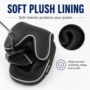 May include: A black putter headcover with a soft black plush interior lining, grey piping, and a small tag reading Big Teeth. The cover is shown partially open with a black putter inside. Text reads SOFT PLUSH LINING and Helps prevent scratches, dings, and scuffs.
